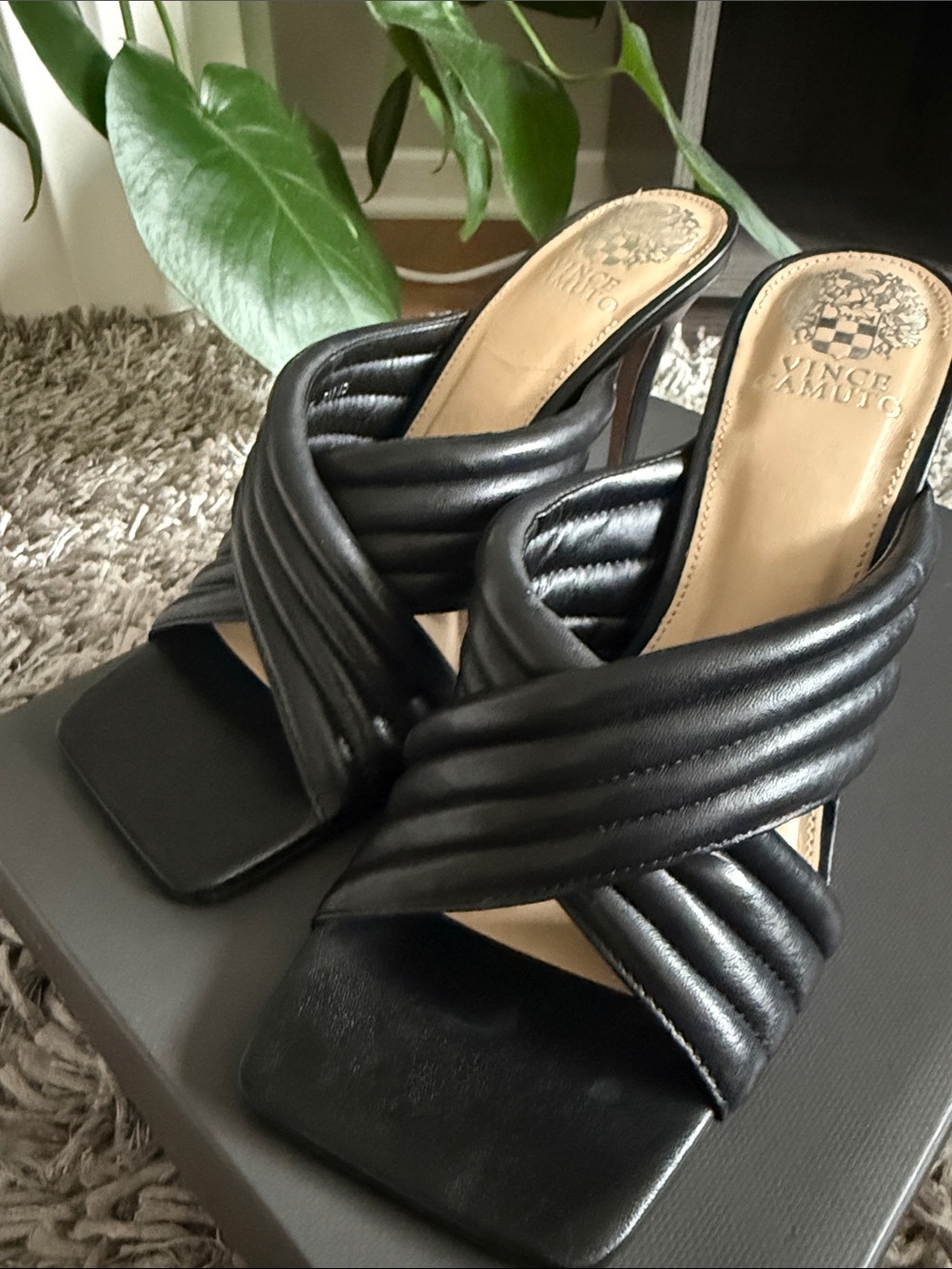 Vince Camuto Black Leather Crisscross Slide Sandals - Picture 2 of 6